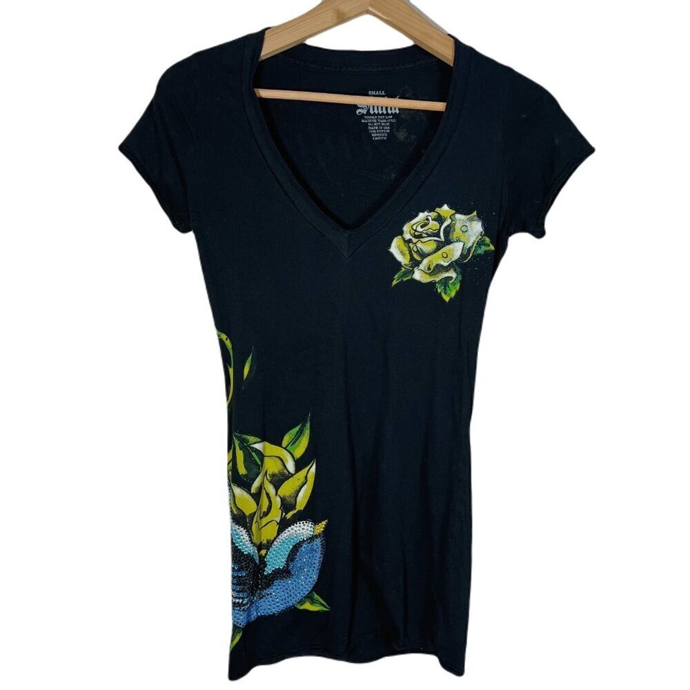 SOLD y2k Sinful Rose Tatoo Design Rhinestone Tattoo Ed Hardy V Neck T Shirt